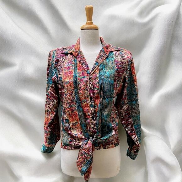 VTG Shirt Sz M Abstract Geometric Shimmer Tie Front Button Retro Funky Western - Picture 1 of 13